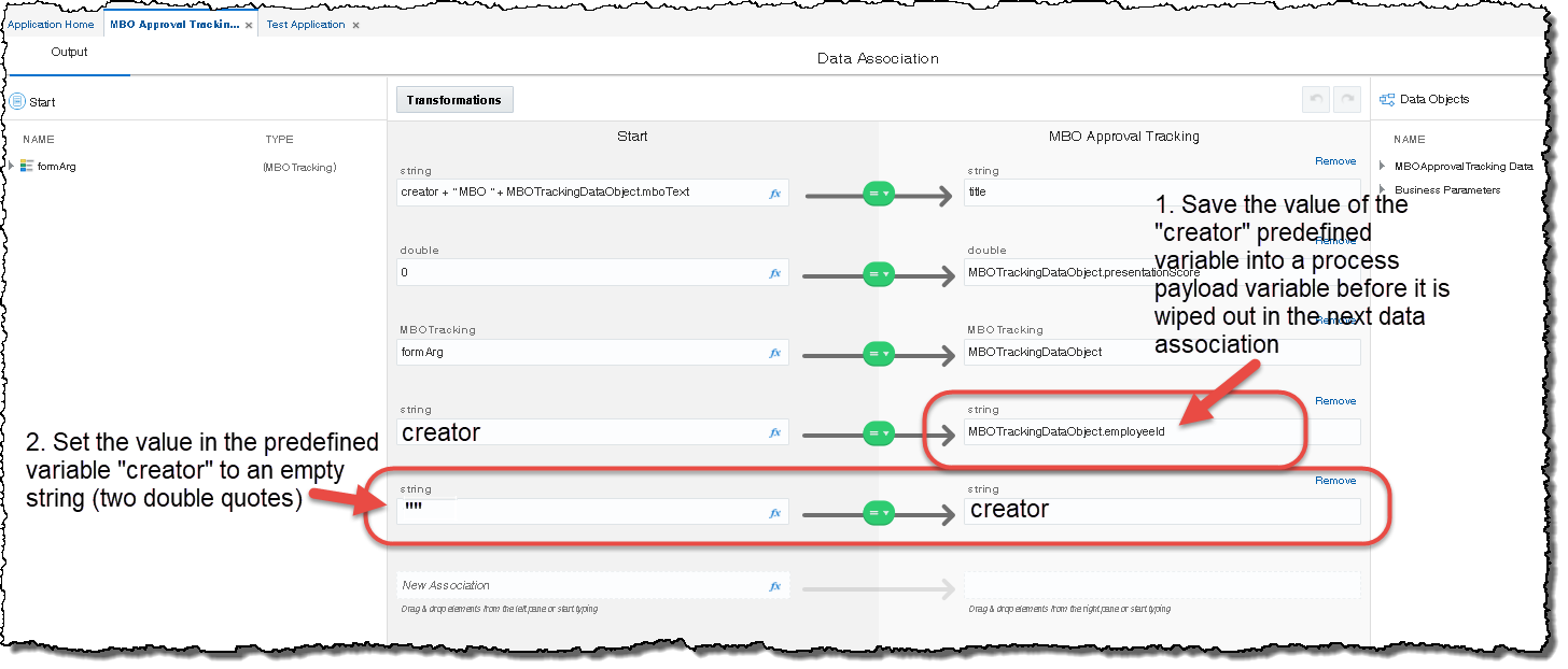 Set output of the start event's data association