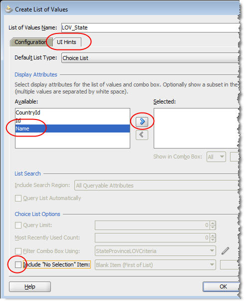 Click the UI Hints tab -> select Name from the list on the left -> click the > button -> uncheck the Include the "No Selection" Item checkbox.”></p>
<p>Click <strong>OK</strong>.</p>
<p>This means that the name stored in the STATE_PROVINCE table (e.g., “Texas”) will be the value that is displayed in thedropdown’s list.</p>
<p>Associate the CountryLOV to the CandidateVO’s Country attribute by selecting<strong>Country</strong> <strong>-></strong> click the <strong>+</strong> icon beside <strong>List of Values:Country</strong>.</p>
<p><img decoding=