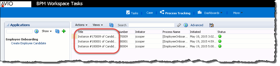 Instances listed in the Oracle BPM Process Tracking Tab